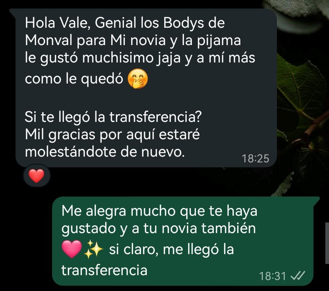 Cliente MONVAL: los bodys y la pijama le encantaron a su novia